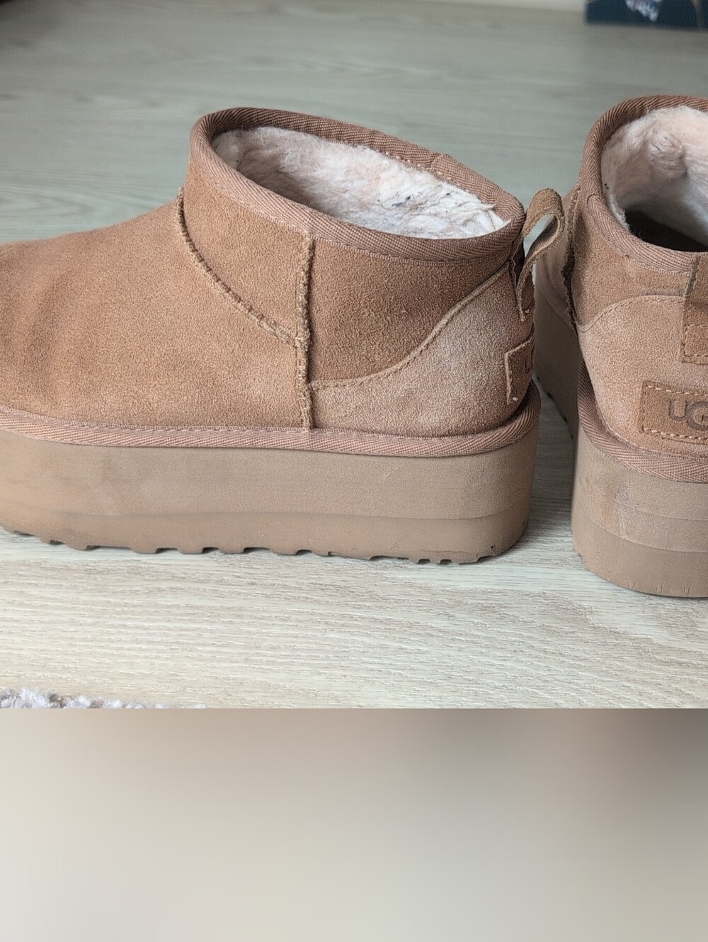 UGG Women's Tan Suede Platform Shearling Ankle Slippers